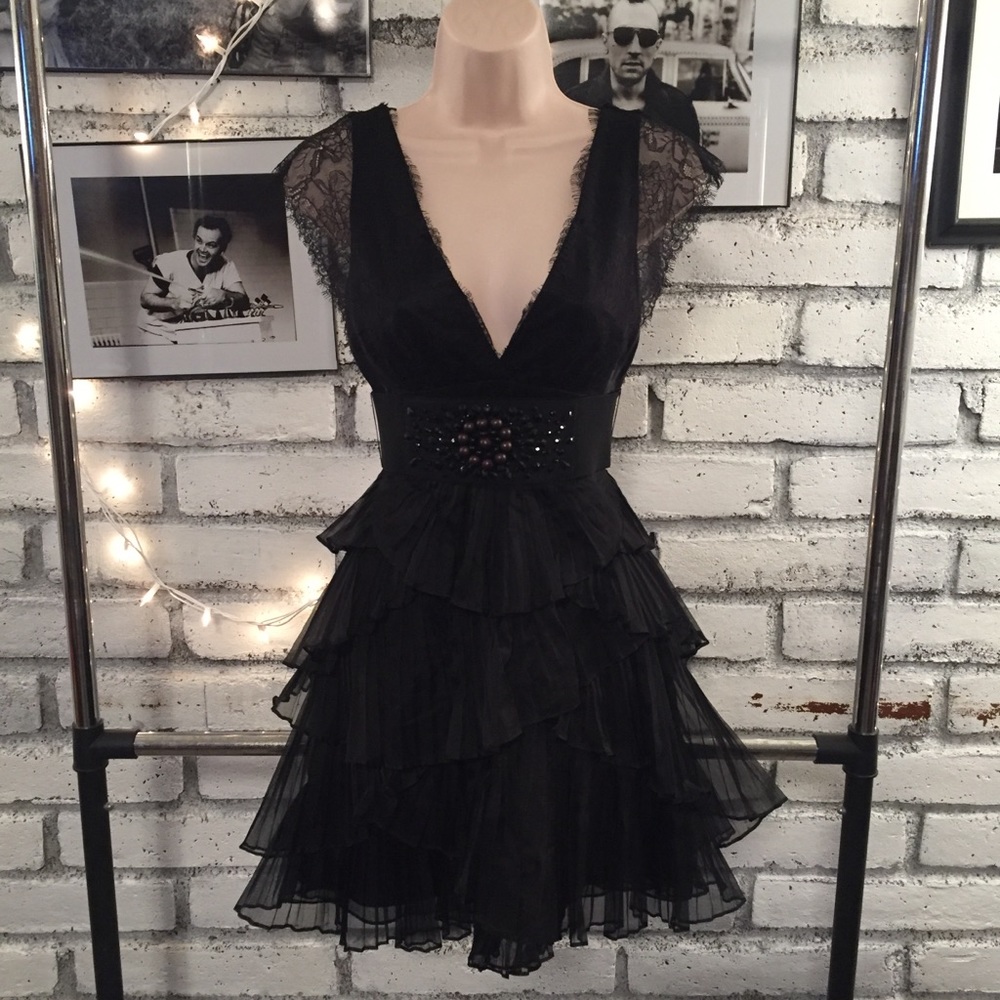 BCBGMaxAzria Black Tiered Lace Fit-and-Flare Cocktail Dress